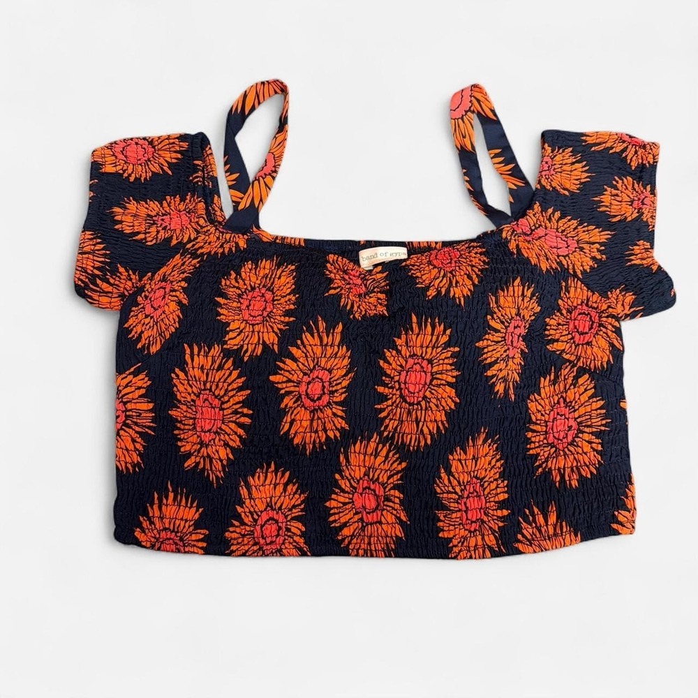 Band of Gypsies Floral Smocked Crop Top Navy Orange Cold Shoulder Boho W26-22365